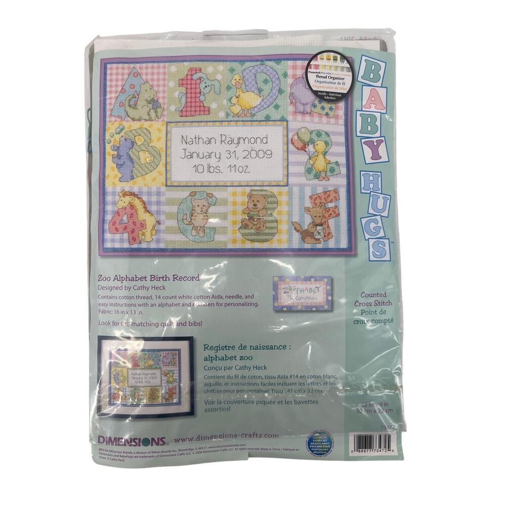 Dimensions Baby Hugs Zoo Alphabet Birth Record Counted Cross Stitch Kit WIP